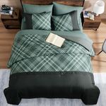 WRENSONGE Plaid King Comforter Set, 7 Pieces Black Green Printed and Spliced Plaid Herringbone Bedding Set, Microfiber Soft Farmhouse Comforter Set, Lightweight Breathable for All Seasons