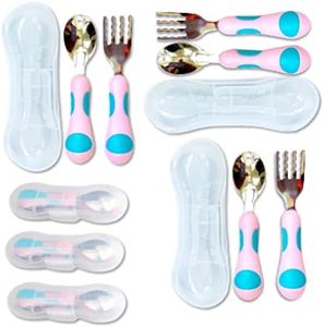 Toddler Utensils - Kids Silverware Set with Travel Case x 3 - Stainless Steel Forks Spoons for 1 2 3 4 Year Old. Metal Lunch Cutlery for Children Girls, Round Handle for Lunch-Box, 6 Pieces Pink Blue