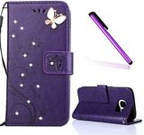 Galaxy S7 Case, LEECOCO Embossed Floral 3D Handmade Bling Crystal Diamonds Butterfly with Card Slots Magnetic Flip Stand PU Leather Wallet Case for Samsung Galaxy S7 Dark Purple Bling Butterfly