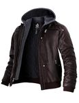 Wantdo Men's Classic Casual Jacket Faux Leather Jacket Hooded Windbreaker Coat Cotton Padded Jackets Coffee (Thick) XL