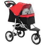 PawHut Pet Stroller for Small Dogs, 3 Rubber Wheels Pet Jogger, One-click Easy Folding All-Terrain Dog Stroller, Adjustable Canopy, Zippered Mesh Window Door, Storage Basket, Red