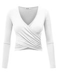 Lock and Love Women's Premium Short/Long Sleeve Deep V Neck Slim fit Cross Wrap Crop top Shirt-Made in USA - WHITE - Large