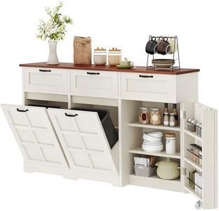 DWVO Double Tilt Out Trash Can Cabinet with Drawers, Kitchen Island with Hidden Trash Can Storage 20 Gallon, Laundry Hamper Cabinet, White Oak