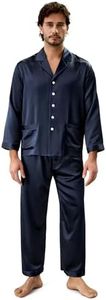 LilySilk Genuine Silk Long Pajamas Set for Men 22 Momme Pure Mulberry Silk Navy Blue S