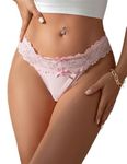 ohmydear Sexy French Knickers Stretchy Thongs for Women Low Waist Panties Lace Underwear Plus Size Bikini Hipster Soft Cotton Crotch Pink