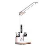 Desk Lamp LED USB Charging Touch Control Table Lamps 3 Colors 5 Brightness Eye-Caring Reading Light Bedside Phone Holder 3 in 1 LCD Calendar Temperature Alarm