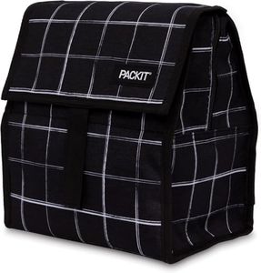 PackIt® Freezable Lunch Bag, Black Grid, Built with EcoFreeze® Technology, Foldable, Reusable, Zip and Velcro Closure with Buckle Handle, Perfect for Lunches Large