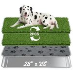 Pawaboo Stainless Steel Dog Grass Pad with Tray, 28'' x 20'' Dog Litter Box with 2pcs Reusable Artificial Grass Mats, Puppy Potty Tray with Washable Pee Pad, Silver + Green