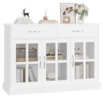 FirFurd 120cm White Sideboard Storage Cabinet Kitchen Sideboard with 3 Glass Doors 2 Drawers and Adjustable Shelves Wooden Display Cabinets for Living Room Dining Room 120x40x84cm