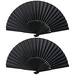 Folding Hand Fans, 2 Pcs Handheld Folding Fan, Black Folding Hand Fan for Women Men, Chinese Silk Fabric Handheld Fan for Wedding Party Decoration Birthday Gifts