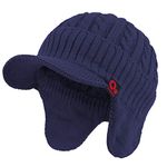 Janey&Rubbins Winter Visor Beanie with Ear Flaps Knit Brimmed Hat Fleece Lined Ski Billed Cap (Blue)