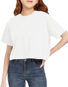 CharmWM Girls Summer Short Sleeve Crop Tops Kids Fashion Oversized Crew Neck Cropped T Shirts Casual Loose Fit Basic Tees Size 5-14 Years White