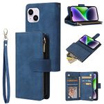 QLTYPRI Case for iPhone 15 Plus 6.7 inch, Large Capacity Leather Wallet Case 6 Card Holder & 1 Zipper Pocket Kickstand Wrist Strap Magnetic Case for iPhone 15 Plus - Blue