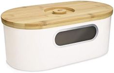 Navaris Bread Bin with Bamboo Lid - Cream Colour Metal Storage Container with Window and Wooden Chopping Board Lid - Vintage Style Kitchen Box Tin