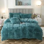 Uhamho Faux Fur Velvet Fluffy Bedding Duvet Cover Set Down Comforter Quilt Cover with Pillow Sham, Ultra Soft Warm (Teal Blue, Twin)