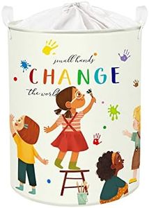 Clastyle 45L Colorful Children Graffiti Polka Dots Baby Laundry Hamper Handprint Beige Round Toy Clothes Storage Basket for Kids Room, 14.2x17.7 in (CTS0151)