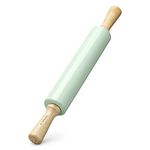 Navaris Stainless Steel Rolling Pin - Non-Stick Steel Rolling Pin with Wooden Handles for Baking, Cooking, Cookies, Biscuits, Pizzas, Dough- Mint