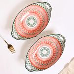 Nestasia Set of 2 Pink and Blue Mandala Ceramic Long Dish with Handles for Serving Snacks, Appetizers, Salads, and Noodles| Microwave Safe, Dishwasher Safe (10.8 Inch)