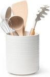 MIKIGEY Kitchen Utensil Holder for Kitchen Counter, 7.2” Large Ceramic Cooking Utensil Crock for Countertop, Modern Spatula Holder with Cork Mat, Kitchen Decor, White