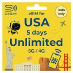 USA eSIM DeSiM High-Speed Unlimited Data（5 Days）, Multi-Network, QR Cord Easy Activation, Tethering, No Voice/SMS, Local Support, Prepaid SIM for US Travel