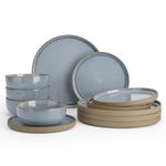 Richmount Nature Plates and Bowls Sets, 12 Pieces Stoneware Dinnerware Sets, Dishes Set for 4, Dishware Sets, Microwave and Dishwasher Safe, Light Blue
