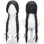 Uniquebe Long Braided Wig Black Middle Part Wig with Pigtail Braids for Women, Heat Resistant Synthetic Hair Wig Halloween Costume Wig