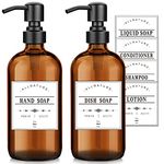 Soap Dispenser 2 Pack 16OZ Amber Glass Soap Dispenser with Stainless Steel Pump Hand Soap Dispenser and Dish Soap Dispenser for Kitchen Soap Dispenser Bathroom with Waterproof Labels