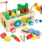 8-in-1 Wooden Activity Truck Toy Set, Montessori Educational Toys Sorting & Stacking Shape Match Carrot Harvest Fishing Woodpecker Catch Worms Maze Colorful Gears Beads, Toys for Kids Age 1 2 3 4