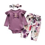 Newborn Baby Girls Clothes Outfits Infant Long Sleeve Romper Ruffle Floral Pants Headband Set Purple (3-6 Months)