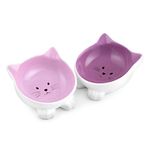 Navaris Cat Bowls with Ears - 2 Pack of Ceramic Cat Feeding Dishes with Anti Slip Silicone Feet - Purple Cat Shaped Food and Water Bowls Set