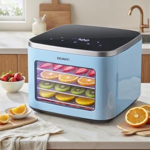 Devanti Mini Food Dehydrator, 5 Stainless Steel Trays, Digital Control, Up to 80°C, 48Hour Timer, Visible Window, Internal Light, Dryer for Jerky Yogurt Fruit Pet Treats - Light Blue