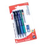 Pentel Twist-Erase Express Mechanical Pencil, Large Retractable Eraser, 0.5mm Fine Point, Assorted Colours, QE415LEBP4, 4 Pencil Pack with Lead Refill Tube and Refill Eraser