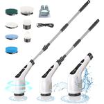 Electric Spin Scrubber, Cordless Shower Scrubber with Long Handle, 2-Speed Power Cleaning Brush with 7 Replaceable Scrub Brush Heads & 90-Min Runtime, Ideal for Bathroom, Tub, Tile, and Bath (White)