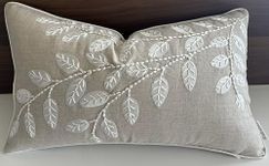 Rudransha Handcrafted Hazel Leaves Embroidered Decorative Lumbar Accent Throw Pillow Cover - Decor for Sofa, Chair, Patio, Balcony, Bench, Porch, Nursery, Office, Bedroom - 14x24 Inches, Natural