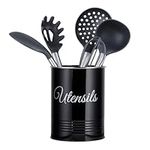 Innoteck Essentials Metal Utensil Crock Holder - Farmhouse Countertop Décor - Utensil Pot - Kitchen Utensil Storage Caddy Organizer - Non-Slip - For spoons, spatulas, forks, knives (Black)