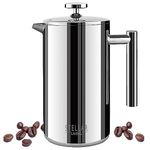 Stellar Living 34 OZ Stainless Steel French Press Coffee Maker with Double Vacuum Insulation, Maximum Flavor Coffee Brewer, Tea and Coffee Press, Camp Coffee Maker - Glossy Mirror Silver