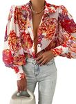 EVALESS Womens Tops Long Sleeve Shirt Print Blouses for Women Fashion 2024 Red Button Down Shirt Dressy Casual Boho Floral Print Clothes Outfits for Holiday Sexy V Neck Tops for Spring Fall