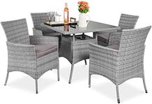 Best Choice Products 5-Piece Indoor Outdoor Wicker Dining Set Furniture for Patio, Backyard w/Square Glass Tabletop, Umbrella Cutout, 4 Chairs - Gray