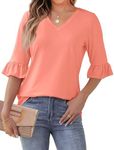 SAMPEEL Summer Shirts for Women Trendy V Neck Spring Tshirts Shirts 3/4 Length Sleeves Tops Teacher Pink Shirts 2025 Coral 2XL