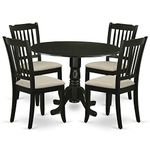 5Pc Dining Set Includes a Round Dinette Table with Drop Leaves and Four Vertical Slatted Microfiber Seat Kitchen Chairs, Black Finish