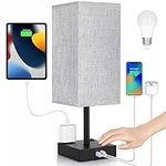 Touch Control Table Lamp - Soilsiu 3 Way Dimmable Nightstand Lamp with USB C & USB A Charging Port, 2 AC Outlets, 3000K LED Bulbs, Grey Fabric Shade Modern Bedside Lamp for Bedroom…