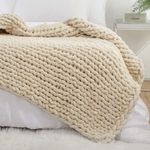 YAAPSU Chunky Knit Blanket Throw 50x60, Chenille Throw Blankets, Chunky Knitted Throw Blanket for Couch & Bed, Soft Large Knit Throw Blankets Chunky Yarn, Big Thick Cable Knit Crochet Blankets (Beige)