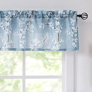 FMFUNCTEX Window Valance Curtains Living Room Blue-White Blossom Print Country Style Canvas Floral Kitchen Valance for Small Bathroom Café Windows 54”W x 15” L 1 Panel Rod Pocket