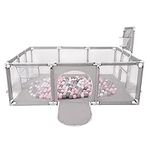 Selonis Baby Playpen Big Size Playground with 100 Balls for Kids, Grey:Pearl/Grey/Transparent/Powder Pink