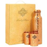 Indian Art Villa Pure Copper Drinkware Gift Set of Hammered Design 1 Bottle & 2 Glass With Gift Box, Gift item for Diwali, Bithday & Parties, Bottle-1000 ml & Glass-300 ml