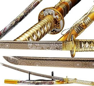 Kamaiwo-1045/1060 high Carbon Steel Hademade Heat Tempered Full Handmade Hand Forged Japanese Katana Authentic，Sword Real ，Full Tang,Functional,Practical Sharp，Golden