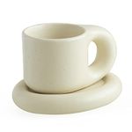 WENSHUO Chubby Cute Coffee Mug,Personalised Ceramic Coffee Cup & Saucer Sets for Office and Home, 9 oz for Latte Milk and Afternoon Tea,Crème