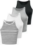 Kole Meego 4 Pack Cotton Crop Tops for Women Workout Cropped Tank Top High Neck Camisole Yoga Shirts Athletic Undershirts Balck Grey White Black Stripe M