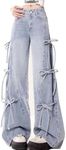 kakarin choyx Fashion Casual Straight High Waisted Baggy Jeans Y2K Gradual Patchwork Multiple Drawstring Wide Denim Pants L Blue