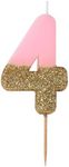 Talking Tables Bday Pink Number 4 Four Candle with Gold Glitter | Premium Quality Cake Topper Decoration | Pretty, Sparkly for Kids, Adults, 40th Birthday Party, Anniversary, Wax,Height 8cm, 3"